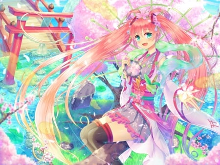 Sakura Miku - utsunomiya, girl, pink, blue, anime, sakura miku, spring, manga