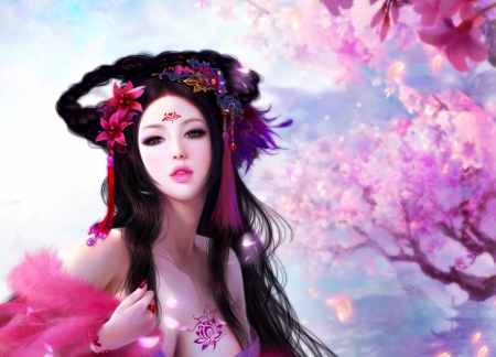 Fantasy girl - blossom, girl, beauty, spring, pink, frumusete, fantasy, asian, luminos