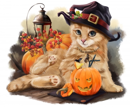 Pumpkin time - animal, digital, cute, black, lorri kajenna, halloween, cat, pumpkin, art, pisica, kitten, hat, orange, luminos, ginger