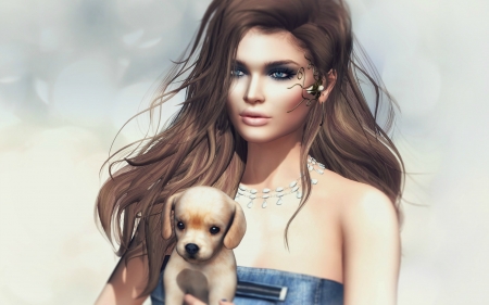 Beauty - beauty, woman, rendering, girl, puppy, fantasy, caine, blue, luminos, dog, susanne drechsler