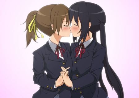 Blushing Kiss - School Unform, Embrace, Anime Girl, Azusa, Blushing, Kiss, Anime, Ui Hirasawa, Yuri, Anime Friends, Azusa Nakano, Long Hair, Eyes Closed, Seifuku, Ui, Black Hair, K-ON, Brunette, Holding Hands, Nakano, Friends, Hirasawa, Couple