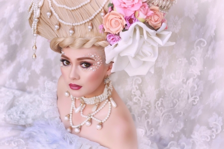 Marie-Antoinette - pretty, people, flowers in hair, beautiful, photography, antoinette, girl, marie, fantasy, costume, digital, woman, art