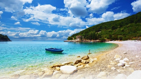 Beautiful Beach on the Adriatic Sea - clouds, nature, beach, boat, sea, sand