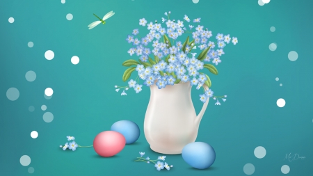 Easter Blessings - blossoms, easter eggs, forget me nots, blue, easter, flowers, spring