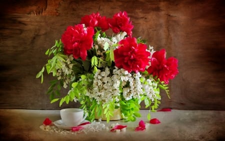 Still life - pretty, coffee, beautiful, spring, lovely, freshness, petals, still life, tea time, bouquet, peonies, flowers, mix