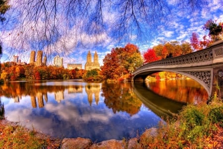 Bridge Reflection on the Lake - clouds, trees, nature, autumn, lake, reflection, park, bridge