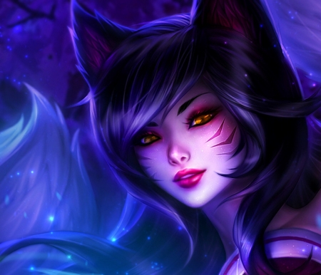 Ahri - league of legends, blue, michellehoefener, ears, fox, girl, pink, ahri, frumusete, fantasy, nine tails, face, luminos