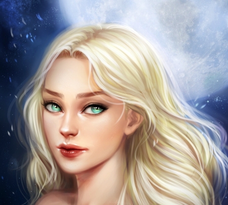 Luna - face, portrait, beauty, game, blonde, girl, frumusete, luna, blue, white, fantasy, final fantasy, moon