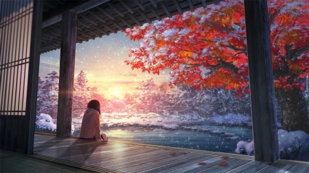 The first snow - autumn, girl, winter, leaf, art, snow, luminos, orange, anime, tree, manga