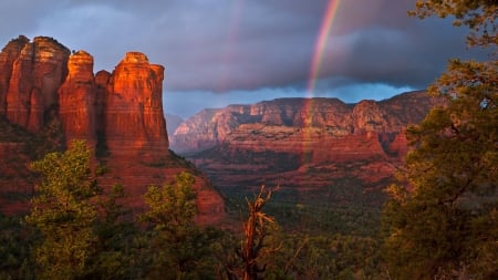 Sedona Canyons, Arizona - rainbow, sky, landscape, clouds, desert, mountains, usa