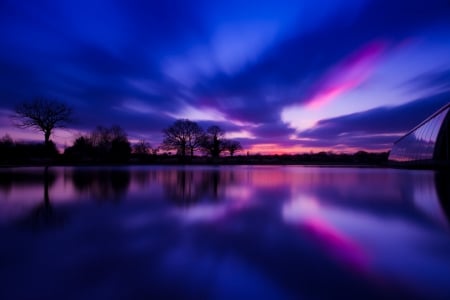 Reflecting River,UK - nature, village, trees, evening, reflection, river, night, sunset