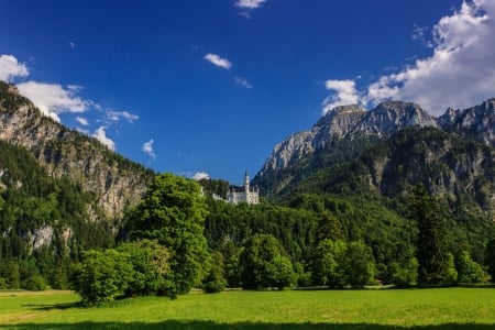 Castle in Bavaria,Germany - clouds, germany, trees, nature, meadow, caslte, mountain, tree