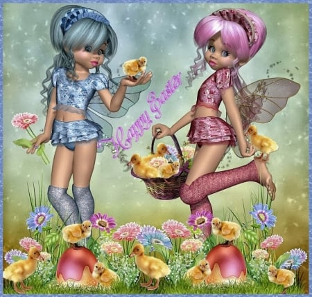 HAPPY EASTER - PINK, CHICKS, EASTER, EGGS, FEMALES, BLUE, FLOWERS