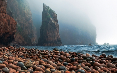 Beach - ocean, beach, water, mountains, rocks, pepples, sand, sea, cliffs