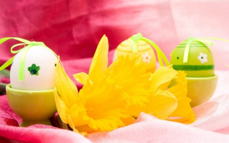 Happy Easter - easter, flowers, yellow, eggs