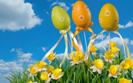 Happy Easter - eggs, flowers, Easter, sky