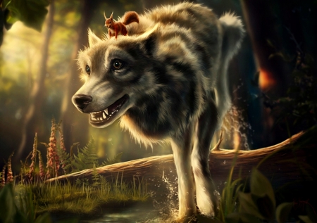 Faster! - forest, animal, black, lup, thecompanyofwolves, running, wolf, fantasy, squirrel, orange, veverita, luminos