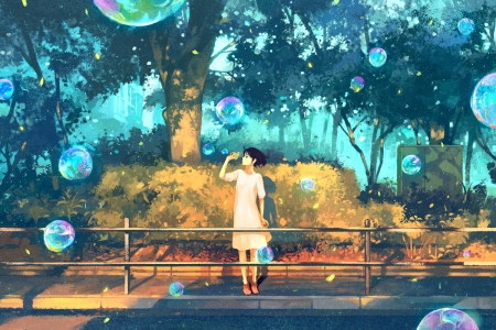 Bubbles - gemi, bubbles, yellow, anime, realistic, girl, blue, manga