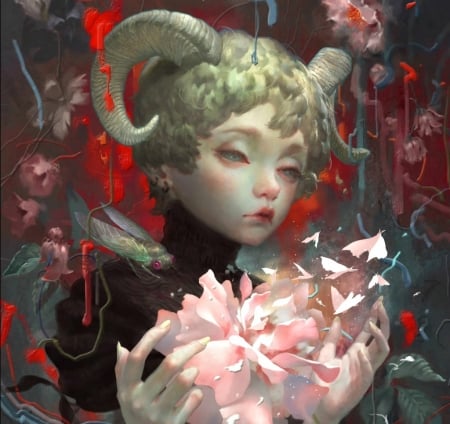 Zodiac Aries - red, aries, flower, pink, dopaprime, zodiac, girl, art, fantasy, hand, luminos, horns