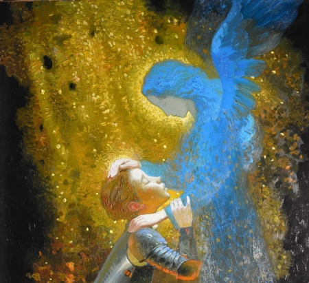 Angel blessing - yellow, girl, victor nizovtsev, blue, art, blessing, fantasy, pictura, armor, painting, angel, boy