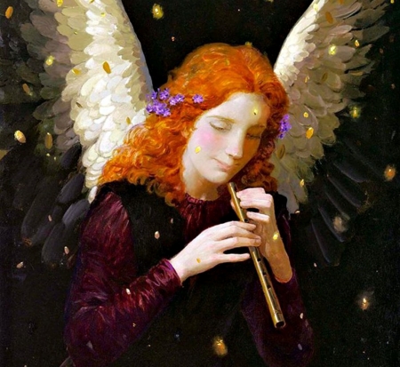 Angel with flute - flute, redhead, angel, girl, instrument, black, fantasy, painting, white, art, hand, luminos, pictura, victor nizovtsev