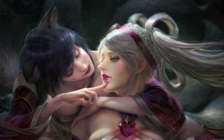 Ahri and Sona - pink, game, yu han, ahri fox, sona, girl, art, fantasy, lips, hand, league of legends, luminos, couple, nine tail