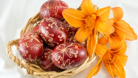 Easter Lilies and Eggs - lilies, bright, floral, easter eggs, easter, flowers, spring