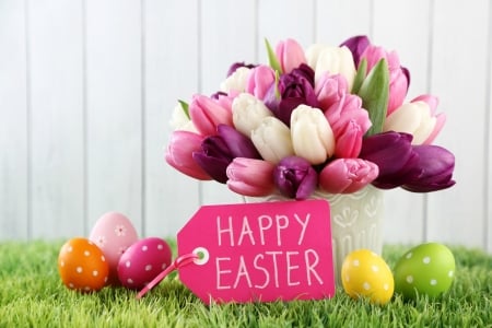 Happy Easter - fence, tulips, easter, happy easter, spring, vase, eggs, easter eggs, holiday, ribbon, grass