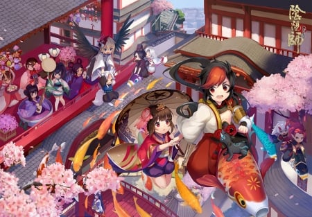 Onmyouji - game, cherry blossom, sakura, onmyouji, cg, fantasy, oriental, japan, friends, japanese