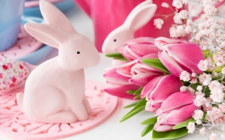 Happy Easter - rabbits, baby breaths, figurines, bunnies, easter, tulips, spring