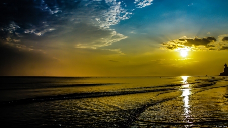 Beautiful Sunset Over the Beach - clouds, sunset, nature, beach, sea, ocean