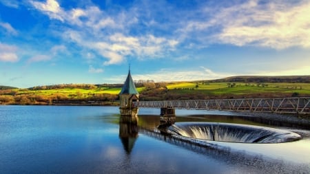 Iron Bridge Over The Lake - nature, sky, lake, clouds, blue, bridge