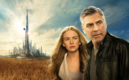 tomorrowland - woman, tomorrowland, man, city, field