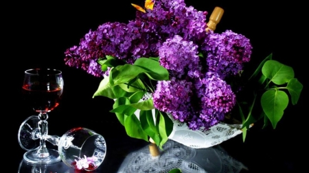 Still Life - drink, flowers, white, glasses, mauve, green, butterfly, still life