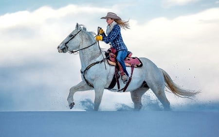 Good Ride Cowgirl. . - girls, woman, women, fun, sky, female, hat, cowgirl, hats, western, horses, white, pretty, cold, clouds, style, winter, boots, outdoors, nature, horse, blondes, snow, beautiful, ranch