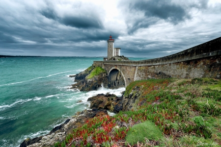 Old Lighthouse on the Beach - lighthouse, clouds, beach, sea, nature, grass