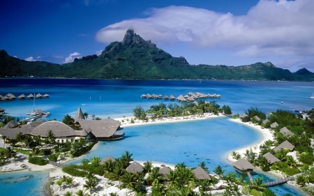 Sea Beach,French Polynesia - clouds, trees, nature, beach, bungalow, sea, resort, mountains