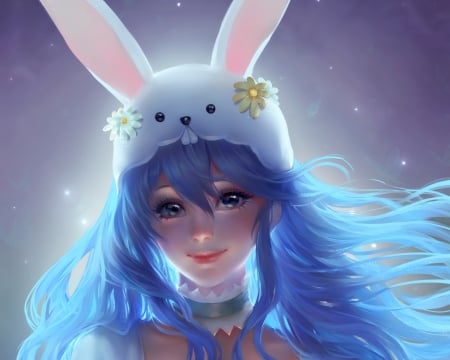 Easter bunny - girl, easter, bunny, fantasy, wind, ears, face, white, portrait, luminos, blue, chubymi, lucina