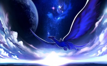 Dragon - wings, white, fantasy, dragon, planet, luminos, night, blue