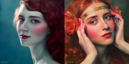 Redheads - collage, girl, beauty, flower, frumusete, fantasy, redhead, woman, greatqueenlina, luminos