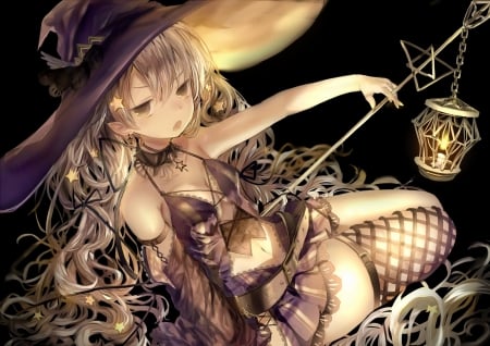 Witch - girl, light, night, opopowa, black, witch, halloween, lantern, anime, golden, manga