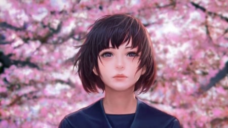 Spring - anime, realistic, blossom, portrait, girl, spring, flower, pink, manga, kakotomirai harvester