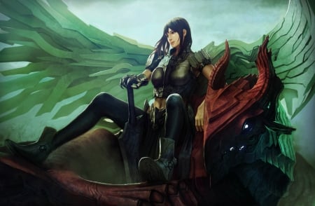 Dragon and angel - red, black, anime, manga, kakotomirai harvester, wings, fantasy, armor, dragon, angel, man, green