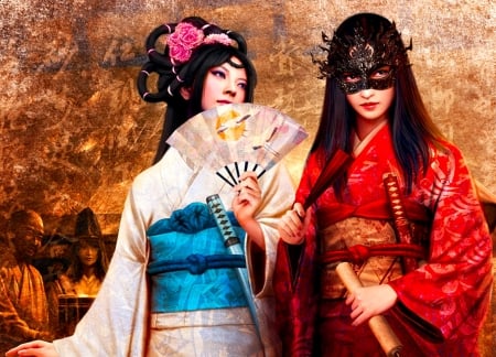 Scandalous gossip - mario wibisono, red, fan, mask, scandalous gossip, girl, blue, fantasy, people, asian, luminos, couple