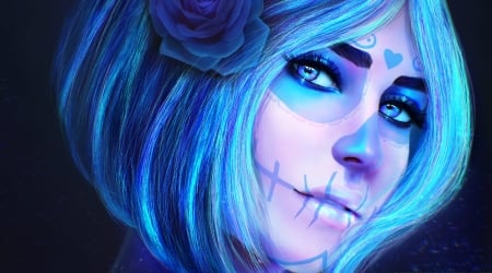 Blue - skull, beauty, trandafir, frumusete, magicnaanavi, rose, sugar, face, halloween, portrait, blue, luminos, dia de los muertos