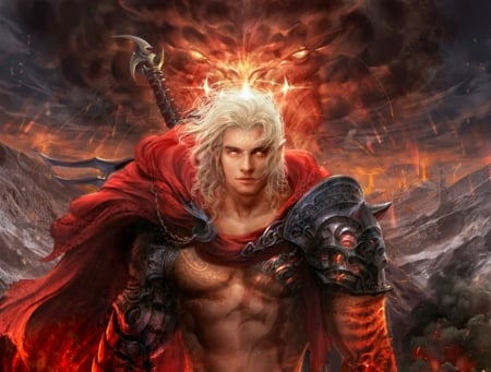 Warrior - black, legend of the cryptids, fantasy, warrior, fire, red, blond, man