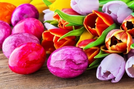 Easter Eggs and Tulips - eggs, easter eggs, holiday, easter, tulips, flowers, still life, spring