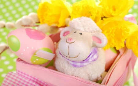 Happy Easter - flowers, egg, lamb, Easter