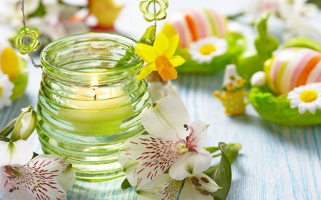 Happy Easter - easter, candle, glass, flowers, eggs