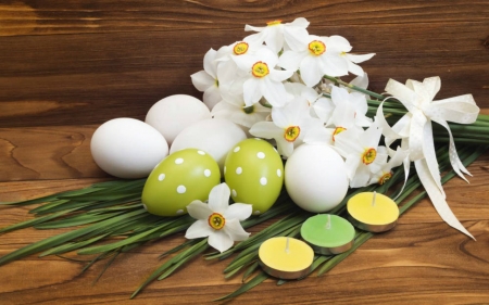 Happy Easter - eggs, easter, wood, flowers